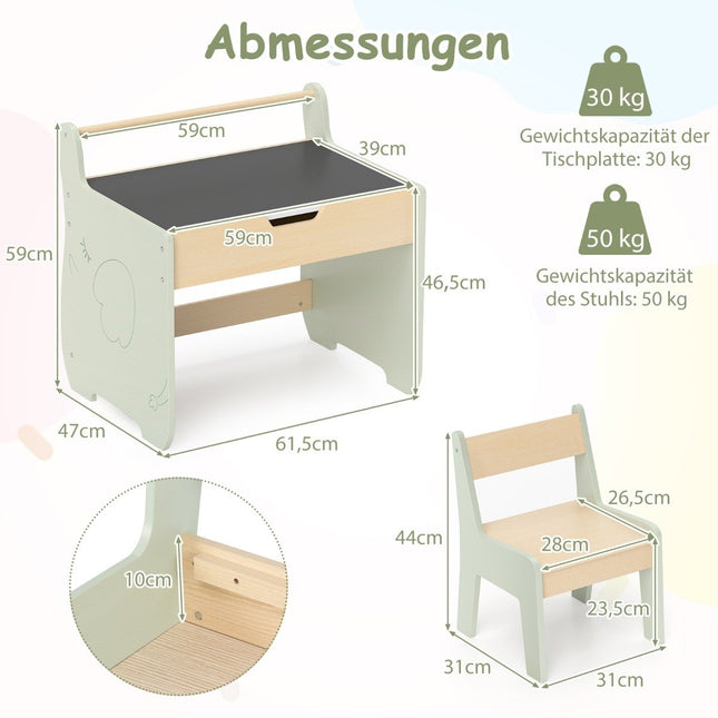 3 in 1 Kindersitzgruppe aus Holz, Kindertisch mit Stuhl, Kindermaltisch mit wendbarer Tischplatte