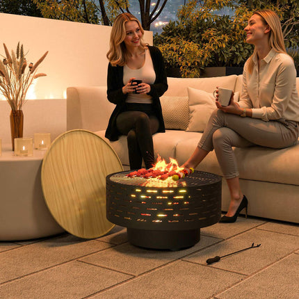 3-in-1 vuurschaal Ø60 x 39cm van RVS vuurschaal met grillrooster poker vonkbescherming in houtlook vuurschalen vuurkorf voor tuin, balkonterras, buiten BBQ camping antracietgrijs Aosom