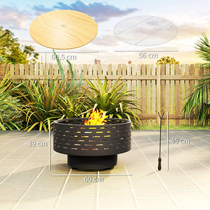 3-in-1 vuurschaal Ø60 x 39cm van RVS vuurschaal met grillrooster poker vonkbescherming in houtlook vuurschalen vuurkorf voor tuin, balkonterras, buiten BBQ camping antracietgrijs Aosom