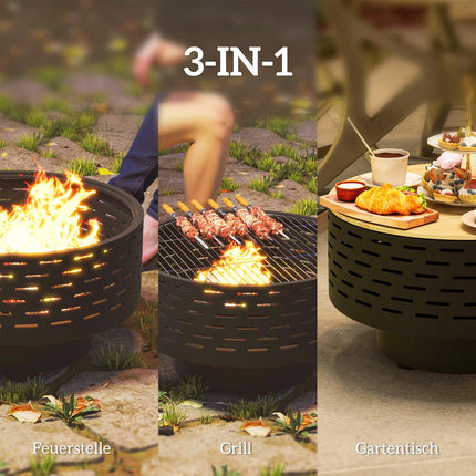 3-in-1 vuurschaal Ø60 x 39cm van RVS vuurschaal met grillrooster poker vonkbescherming in houtlook vuurschalen vuurkorf voor tuin, balkonterras, buiten BBQ camping antracietgrijs Aosom