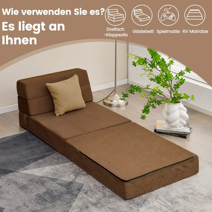 3-in-1 Klappsofa mit waschbarem Bezug, extra dicker Schaumstoff (15 cm), braun