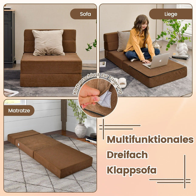 3-in-1 Klappsofa mit waschbarem Bezug, extra dicker Schaumstoff (15 cm), braun