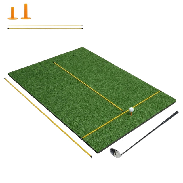 Golfová odpalová podložka 3v1 s umělým trávníkem, 2 týčka, 2 zaměřovací tyčky a 6 předvrtaných otvorů, 152 x 92 cm, 27 mm