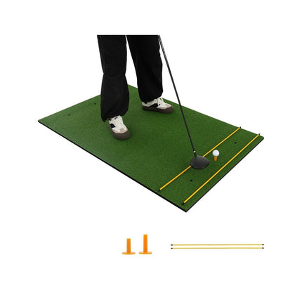 Golfová odpalová podložka 3v1 s umělým trávníkem, 2 týčka, 2 zaměřovací tyčky a 6 předvrtaných otvorů, 152 x 92 cm