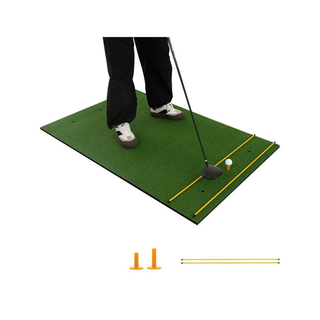 3-in-1 Golf-Abschlagmatte mit Kunstrasen, 2 Golf-Tees, 2 Ausrichtungspfosten und 6 vorgebohrten Abschlaglöchern, 152 x 92 cm