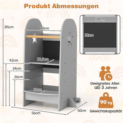 3 in 1 Lernturm Kindertritthocker mit 3 einstellbaren Höhen 90 kg belastbar grau