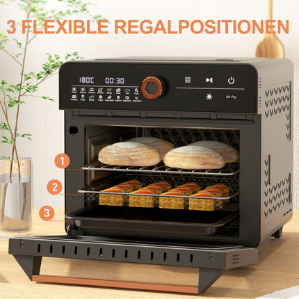 Mini four 3 en 1 avec air pulsé, panier à friture, minuterie, 40 °C-220 °C, mini four 20 L avec grille, plaque de cuisson, plateau ramasse-miettes