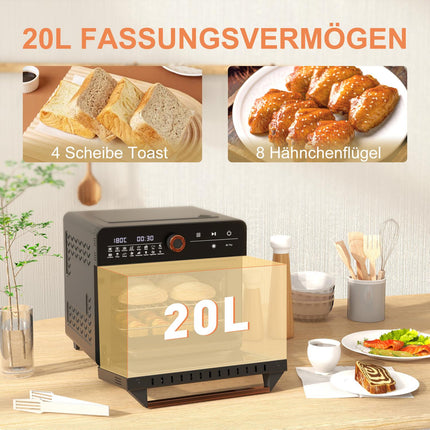 Mini four 3 en 1 avec air pulsé, panier à friture, minuterie, 40 °C-220 °C, mini four 20 L avec grille, plaque de cuisson, plateau ramasse-miettes