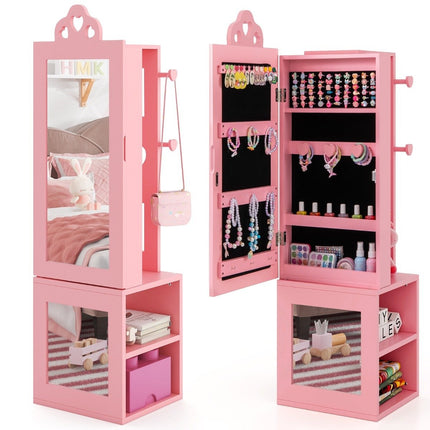 Armoire à miroir 3 en 1 avec miroir pleine longueur et porte-vêtements, armoire à bijoux pour enfants rose