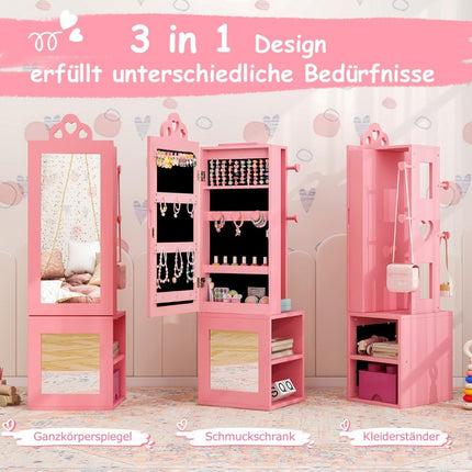 Armoire à miroir 3 en 1 avec miroir pleine longueur et porte-vêtements, armoire à bijoux pour enfants rose