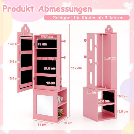 Armoire à miroir 3 en 1 avec miroir pleine longueur et porte-vêtements, armoire à bijoux pour enfants rose