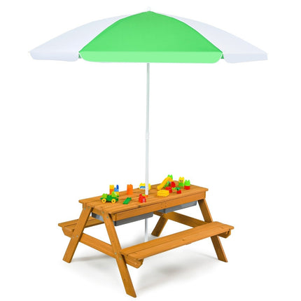 3-in-1 Outdoor Picknicktisch Wasser- &amp; Sandtisch mit Spielboxen &amp; Sonnenschirm Natur und Weiß
