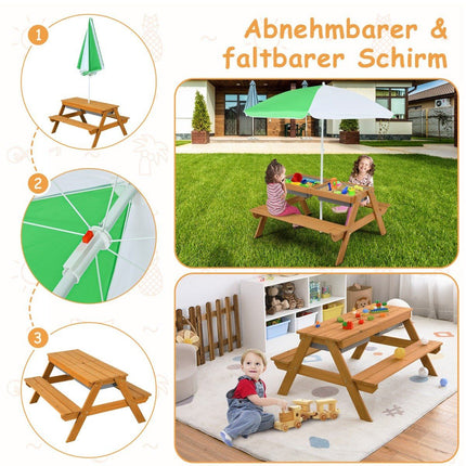 3-in-1 Outdoor Picknicktisch Wasser- &amp; Sandtisch mit Spielboxen &amp; Sonnenschirm Natur und Weiß