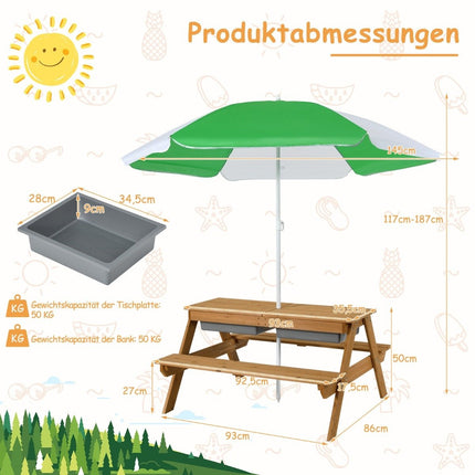 3-in-1 Outdoor Picknicktisch Wasser- &amp; Sandtisch mit Spielboxen &amp; Sonnenschirm Natur und Weiß