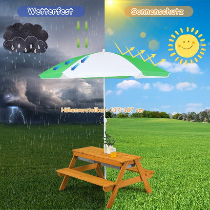 3-in-1 Outdoor Picknicktisch Wasser- &amp; Sandtisch mit Spielboxen &amp; Sonnenschirm Natur und Weiß
