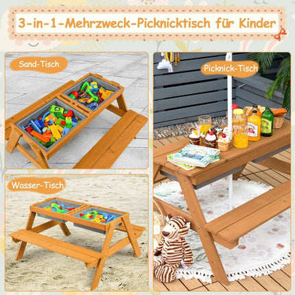 3-in-1 Outdoor Picknicktisch Wasser- &amp; Sandtisch mit Spielboxen &amp; Sonnenschirm Natur und Weiß