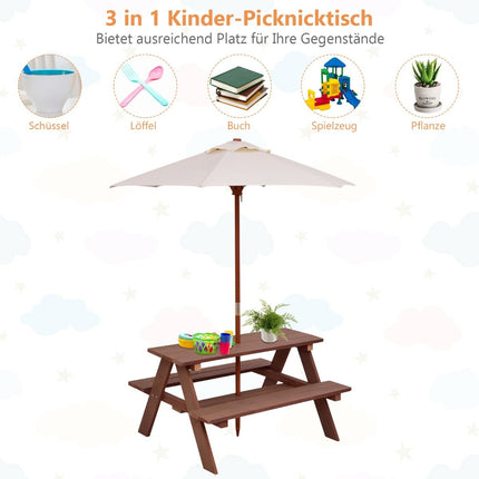 Table de pique-nique 3 en 1 avec parasol amovible, tables pour enfants, groupe de sièges pour enfants