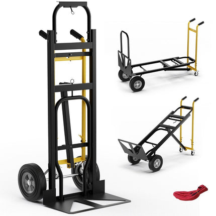 3 in 1 sack truck with 4 rubber tires & binding rope handcart transport truck can hold up to 360KG / 450KG