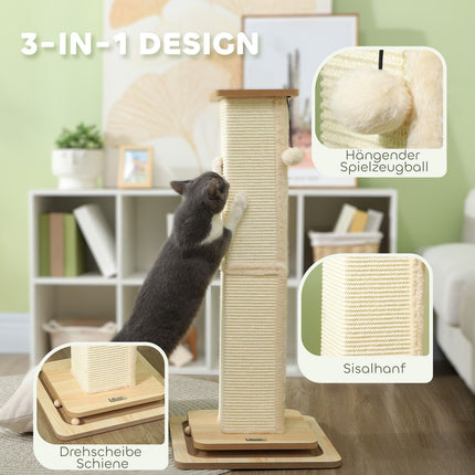 Arbre à chat 3 en 1, arbre à chat de 87 cm, arbre à chat en sisal avec balle de jeu, arbre à chat pour chats, meuble à gratter pour chat, intérieur, chêne