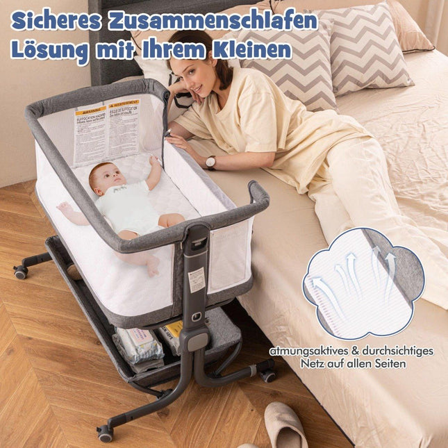 3 in 1 Beistellbett Reisebett Baby mit Matratze Babybett 6 Fächer höhenverstellbar mit Ablagekorb Dunkelgrau