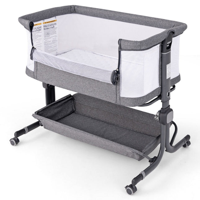 3 in 1 Beistellbett Reisebett Baby mit Matratze Babybett 6 Fächer höhenverstellbar mit Ablagekorb Dunkelgrau