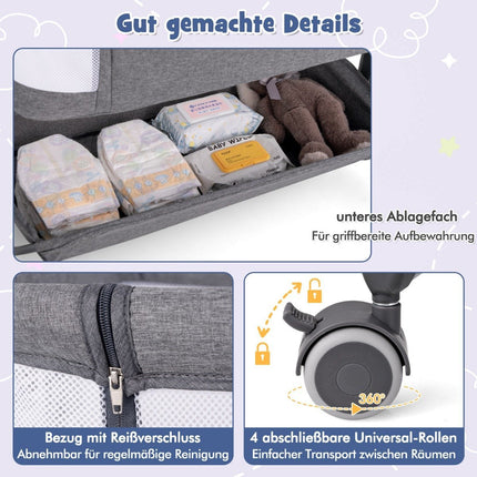 3 in 1 side bed travel cot baby with mattress baby bed 6 compartments height adjustable with storage basket dark gray