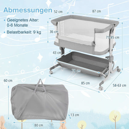 3 in 1 Beistellbett Reisebett Baby mit Matratze Babybett 6 Fächer höhenverstellbar mit Ablagekorb Grau