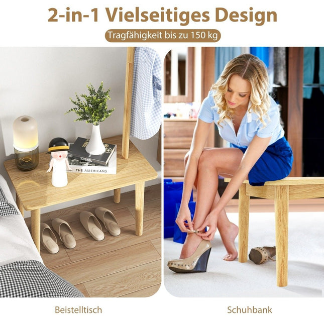 3 in 1 Beistelltisch aus Massivholz, Garderobe mit Schuhbank, 76 x 43 x 168 cm, Natur