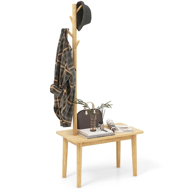 3 in 1 Beistelltisch aus Massivholz, Garderobe mit Schuhbank, 76 x 43 x 168 cm, Natur