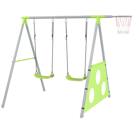 Cadre de balançoire 3 en 1, cadre de balançoire d'extérieur avec 2 balançoires, panier de basket, but de football, balançoire pour enfants avec cadre en métal, balançoire de jardin pour enfants Aosom