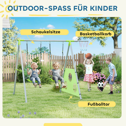 Cadre de balançoire 3 en 1, cadre de balançoire d'extérieur avec 2 balançoires, panier de basket, but de football, balançoire pour enfants avec cadre en métal, balançoire de jardin pour enfants Aosom