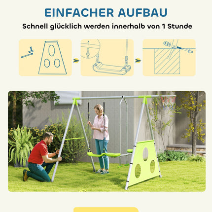 Cadre de balançoire 3 en 1, cadre de balançoire d'extérieur avec 2 balançoires, panier de basket, but de football, balançoire pour enfants avec cadre en métal, balançoire de jardin pour enfants Aosom