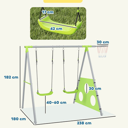 Cadre de balançoire 3 en 1, cadre de balançoire d'extérieur avec 2 balançoires, panier de basket, but de football, balançoire pour enfants avec cadre en métal, balançoire de jardin pour enfants Aosom