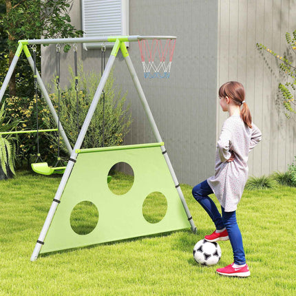 Cadre de balançoire 3 en 1, cadre de balançoire d'extérieur avec 2 balançoires, panier de basket, but de football, balançoire pour enfants avec cadre en métal, balançoire de jardin pour enfants Aosom