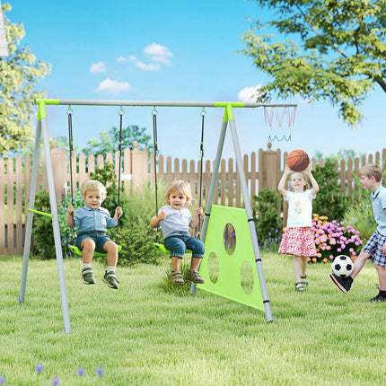 Cadre de balançoire 3 en 1, cadre de balançoire d'extérieur avec 2 balançoires, panier de basket, but de football, balançoire pour enfants avec cadre en métal, balançoire de jardin pour enfants Aosom