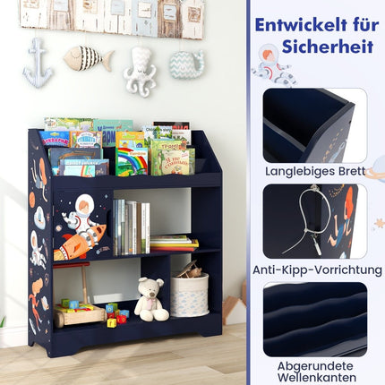 3 in 1 Spielzeugregal mit Ablagefächern &amp; Tür 3-stöckiges Kinderregal Bücherregal 93 x 30 x 100 cm blau