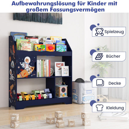 3 in 1 Spielzeugregal mit Ablagefächern &amp; Tür 3-stöckiges Kinderregal Bücherregal 93 x 30 x 100 cm blau