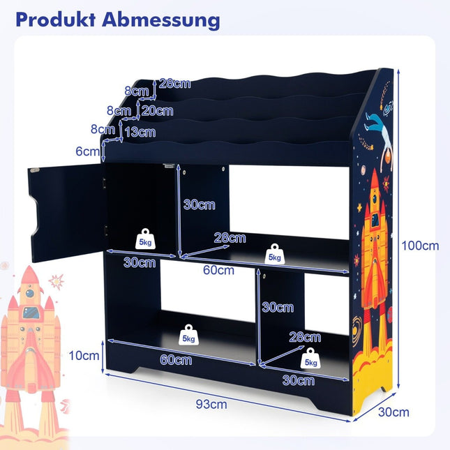 3 in 1 Spielzeugregal mit Ablagefächern &amp; Tür 3-stöckiges Kinderregal Bücherregal 93 x 30 x 100 cm blau