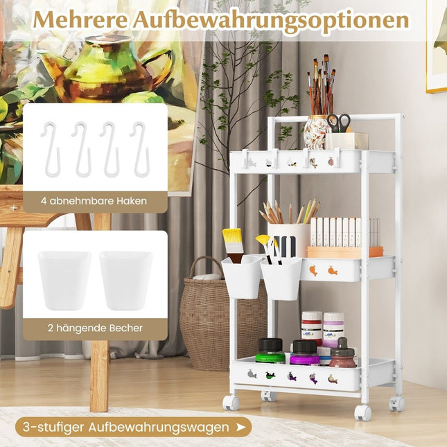 3-Ebenen-Servierwagen Servierwagen mit Rollen Küchenwagen mit 2 Hängetassen 42 x 29 x 83 cm Weiß