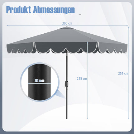 3m Grey Patio Umbrella, Crank Handle, Tilt Function