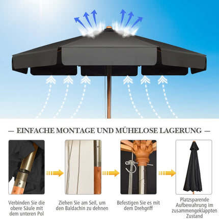 Parasol de 3 m avec angle d'inclinaison réglable, 8 barres transversales et tissu polyester imperméable avec protection UV, gris