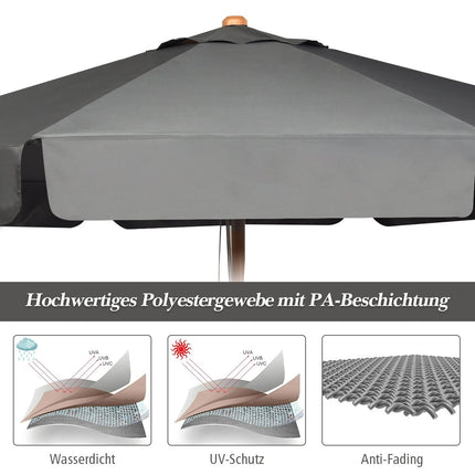 Parasol de 3 m avec angle d'inclinaison réglable, 8 barres transversales et tissu polyester imperméable avec protection UV, gris
