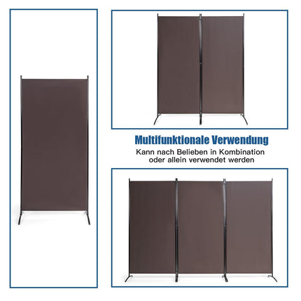 3-teiliger Raumteiler mit robusten Scharnieren und Stahlsockel, freistehender Sichtschutz, 260 x 183 cm, Kaffee