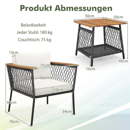 Ensemble de jardin 3 pièces, chaises en rotin avec table basse à deux niveaux, salon de jardin