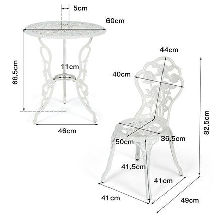 3 tlg. Gartenmöbel Set Balkonset mit 2 Stühlen &amp; Tisch aus Aluguss &amp; Gusseisen Weiß