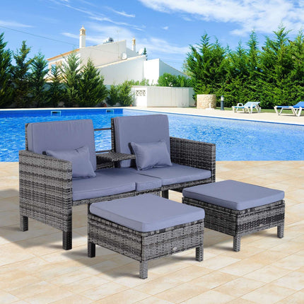 Garten-Sitzgruppe aus grauem Polyrattan mit Kissen – 3-teilig