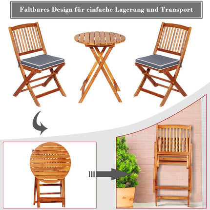 Třídílná sestava balkonového nábytku s kulatým stolem, 2 židlemi a 2 polstry. Ergonomická sedací sestava, šedá.