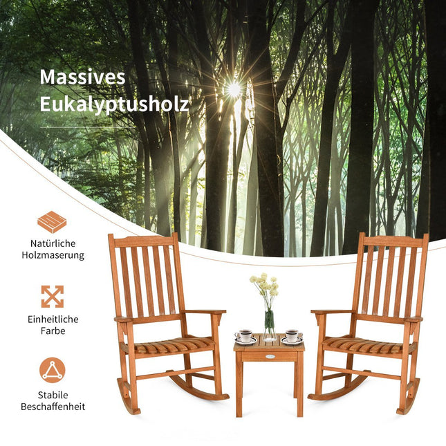 3-teiliges Bistro-Set mit Schaukelstühlen aus natürlichem Eukalyptusholz