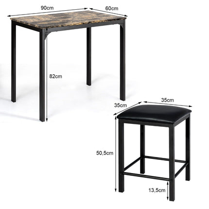 Ensemble de table à manger 3 pièces, ensemble de table de bar avec 2 tabourets de bar rembourrés, structure en métal, marron