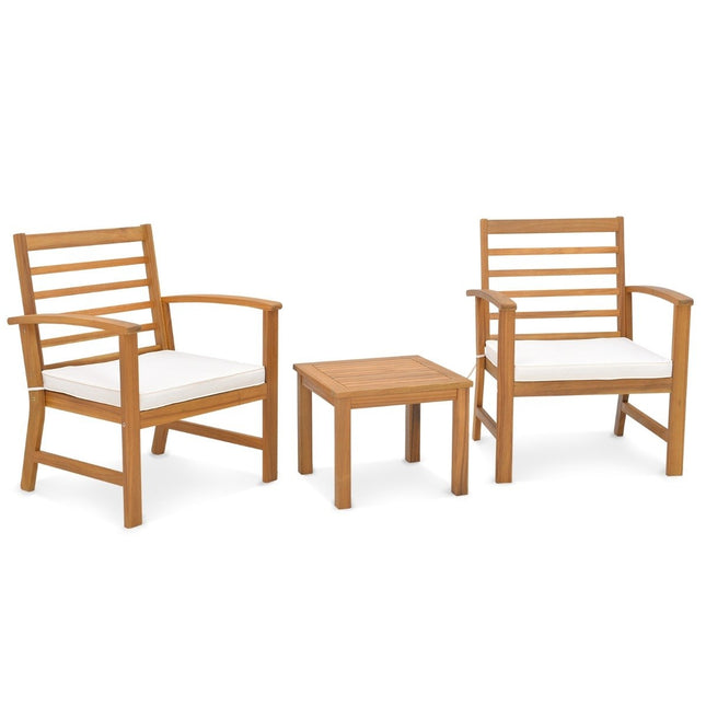 3-teiliges Gartenmöbel-Set aus Akazienholz mit weichen Sitzpolstern und stabilem Akazienholzrahmen